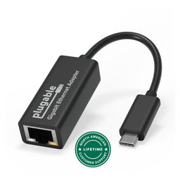 Plugable USB-C to Gigabit Ethernet adapter with North American lifetime customer support badge.