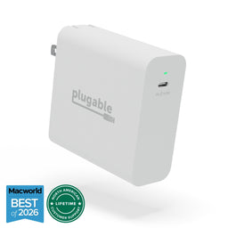 Plugable 140W USB-C PD wall charger with single USB-C port, featuring Macworld Best of 2026 and lifetime support badges.