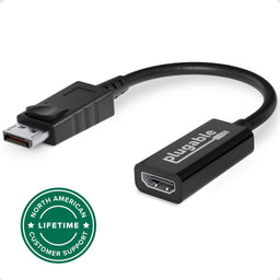 Plugable Active DisplayPort to HDMI adapter with North American lifetime customer support badge.