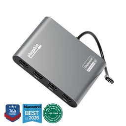 Plugable USBC-7400H4 adapter with four HDMI ports, integrated USB-C cable, and DisplayLink Pro certification.