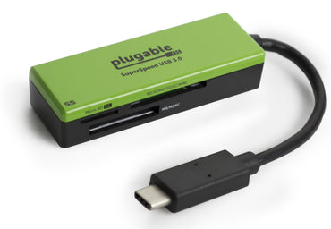 Plugable SuperSpeed USB 3.0 card reader with USB-C cable, featuring Micro SD, SD/SDHC/SDXC/MMC, and MS/MSXC slots.