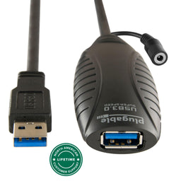 Plugable USB 3.0 SuperSpeed active extension cable with USB-A male connector, female port, and DC power input.