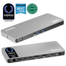 Plugable UD-7400PD docking station with front USB-C 30W, two USB 10Gbps, and rear Ethernet, 3x USB-C, 2x HDMI, 140W PD.