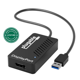 Plugable USB 3.0 to DisplayPort adapter with integrated cable and North American lifetime customer support badge.