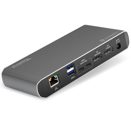 Plugable TBT3-UDC1 dock rear panel: Ethernet, USB-A, 2x USB-C (Data Only), DP Secondary, DP Primary, 20V 6.75A DC IN.