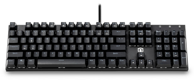 Plugable Performance 104-key mechanical keyboard with QWERTY layout, function keys, and integrated number pad.
