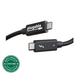 Plugable Thunderbolt 4 USB-C cable with Thunderbolt 4 logo and North American lifetime customer support badge.