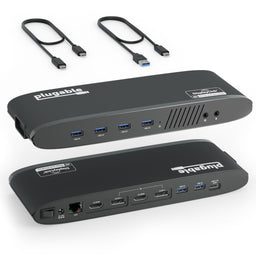 Plugable UD-6950H docking station with front 4 USB 3.0, audio ports; rear 2 HDMI, 2 DP++, 2 USB 3.0, USB-C host, LAN.
