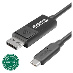 Plugable USB-C to DisplayPort cable with North American lifetime customer support badge.