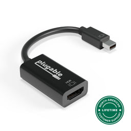 Plugable Mini DisplayPort to HDMI adapter with HDR support and North American lifetime customer support badge.