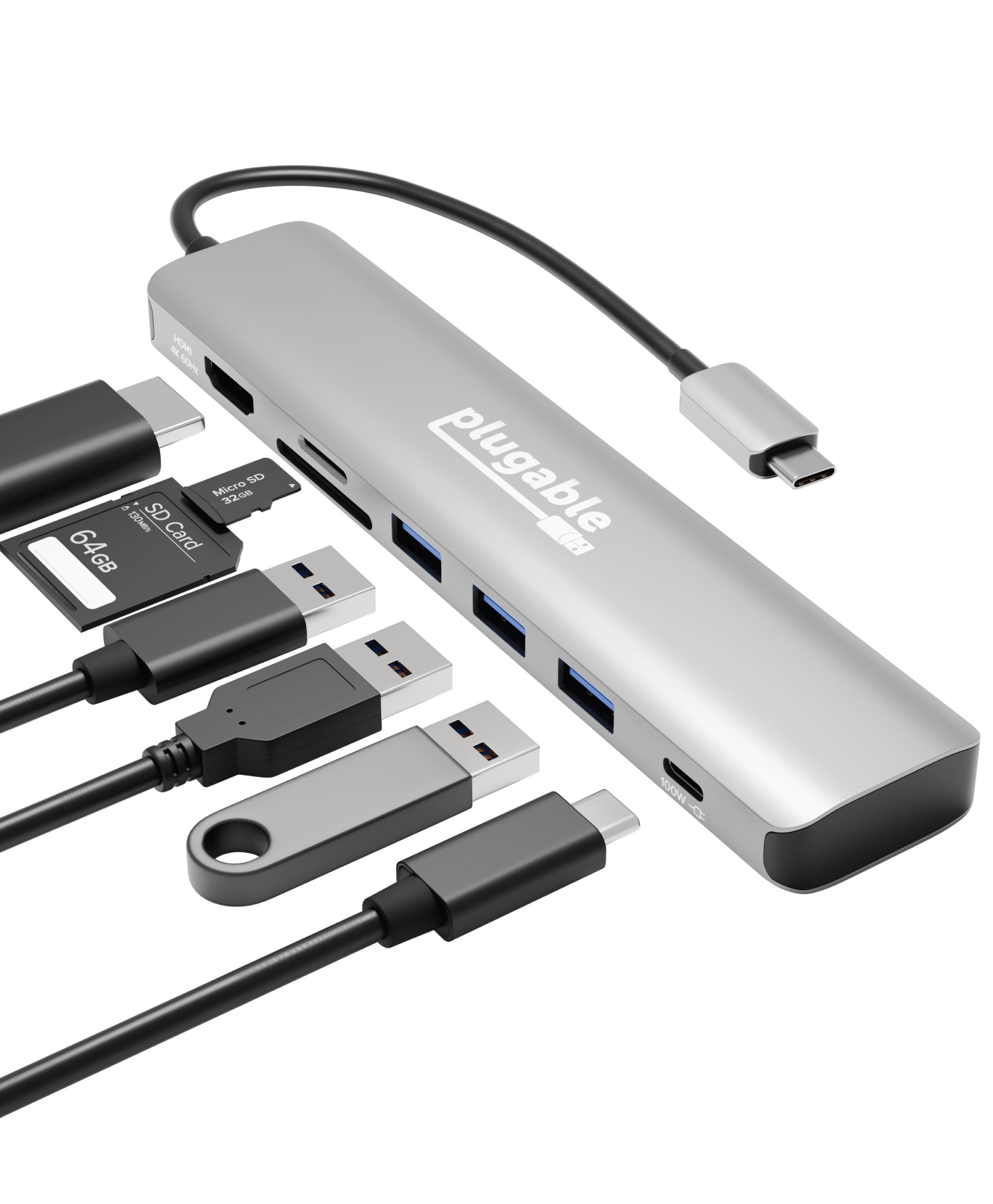 Plugable 7-in-1 USB-C ドッキングステーション デュアル Plugable USB-C Hub 7-in-1 with 4K 60Hz HDMI, 100W Pass-Through