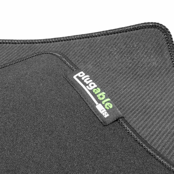 Closeup view of the Plugable mouse pad that shows the stitched-on logo, as well as the textures of the front and back of the mouse pad