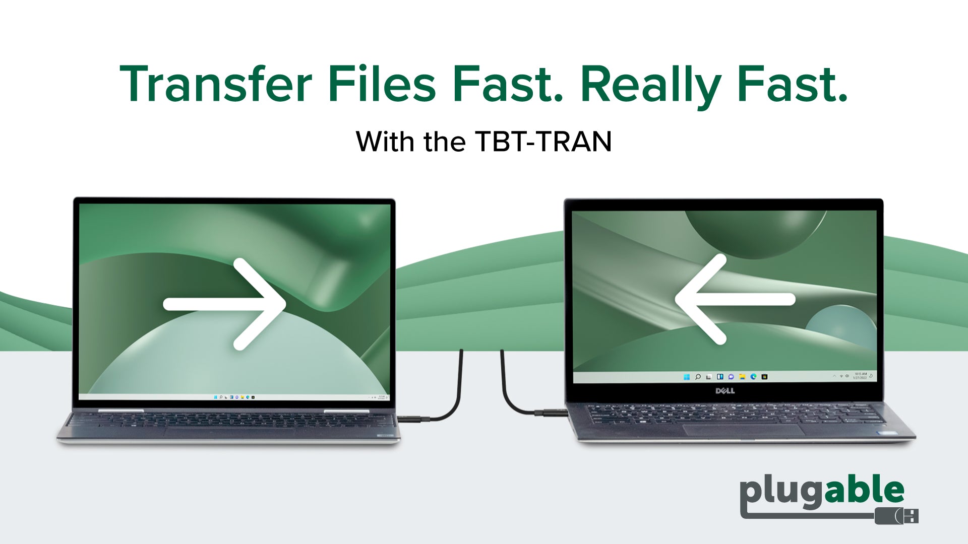 Transfer Files Fast. Really Fast. With the TBT-TRAN. Photo of two computers connected with the Plugable TBT-TRAN Thunderbolt Transfer Cable