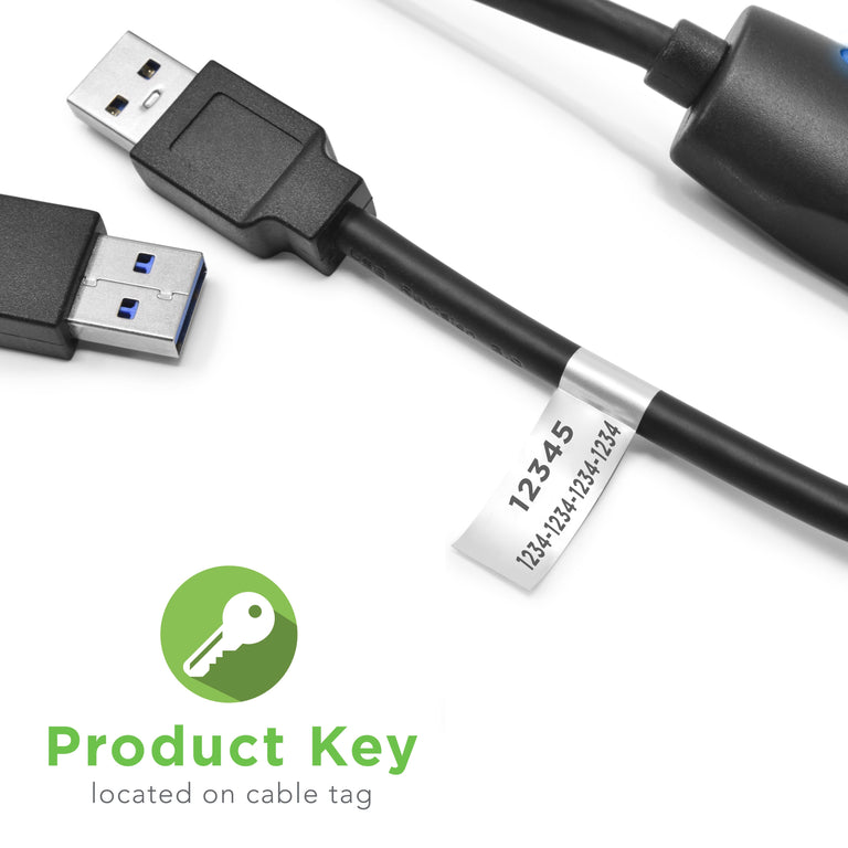 Photo indicating that the USB 3.0 Transfer Cable has its product key affixed to the cable on a tag