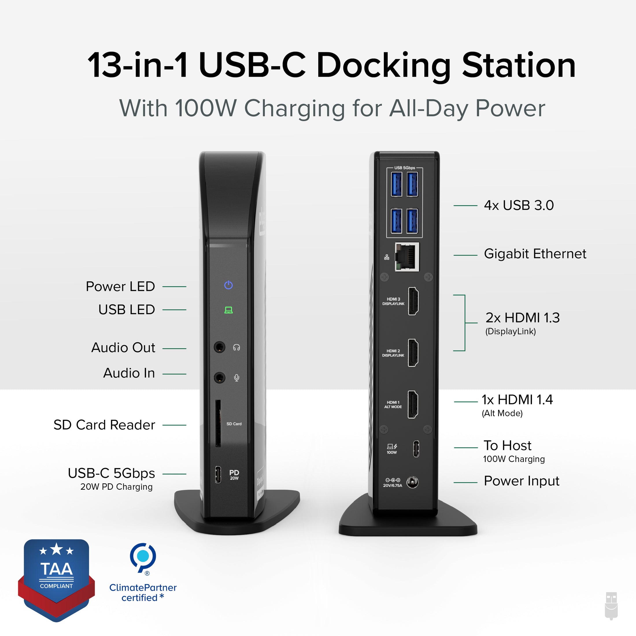 Plugable USB-C Triple Monitor Docking Station with 100W Laptop Charging (B-Stock)