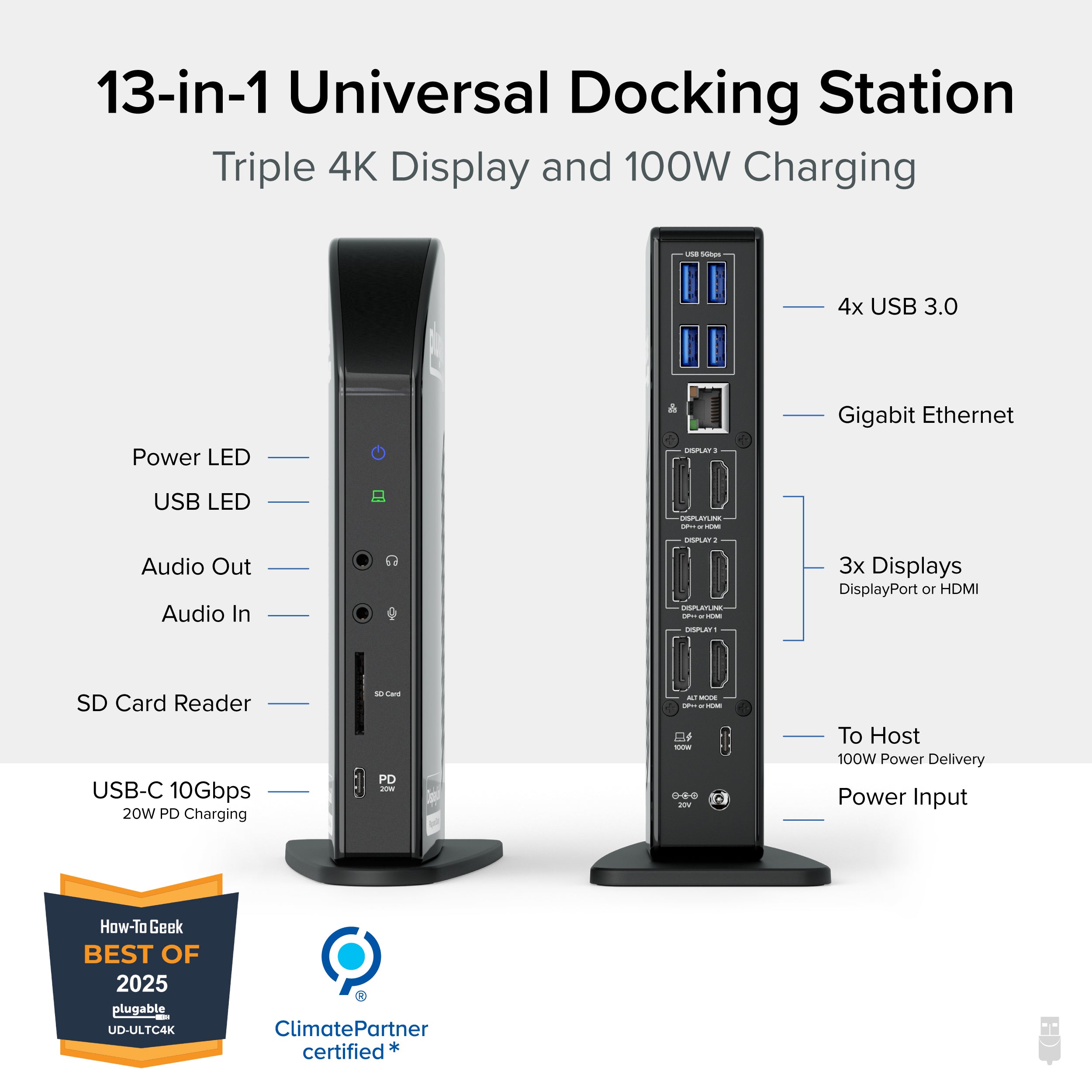Plugable USB-C Triple 4K Monitor Docking Station with 100W Laptop