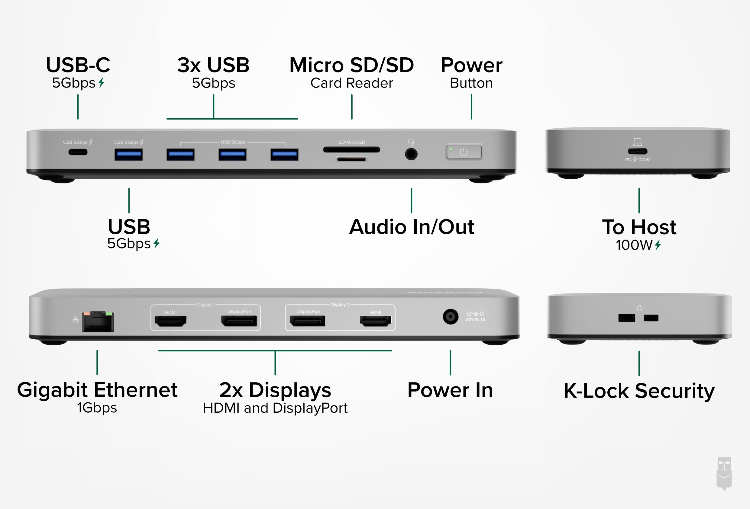 Plugable USB-C Docking Station, Dual 4K Monitors, 100W Laptop