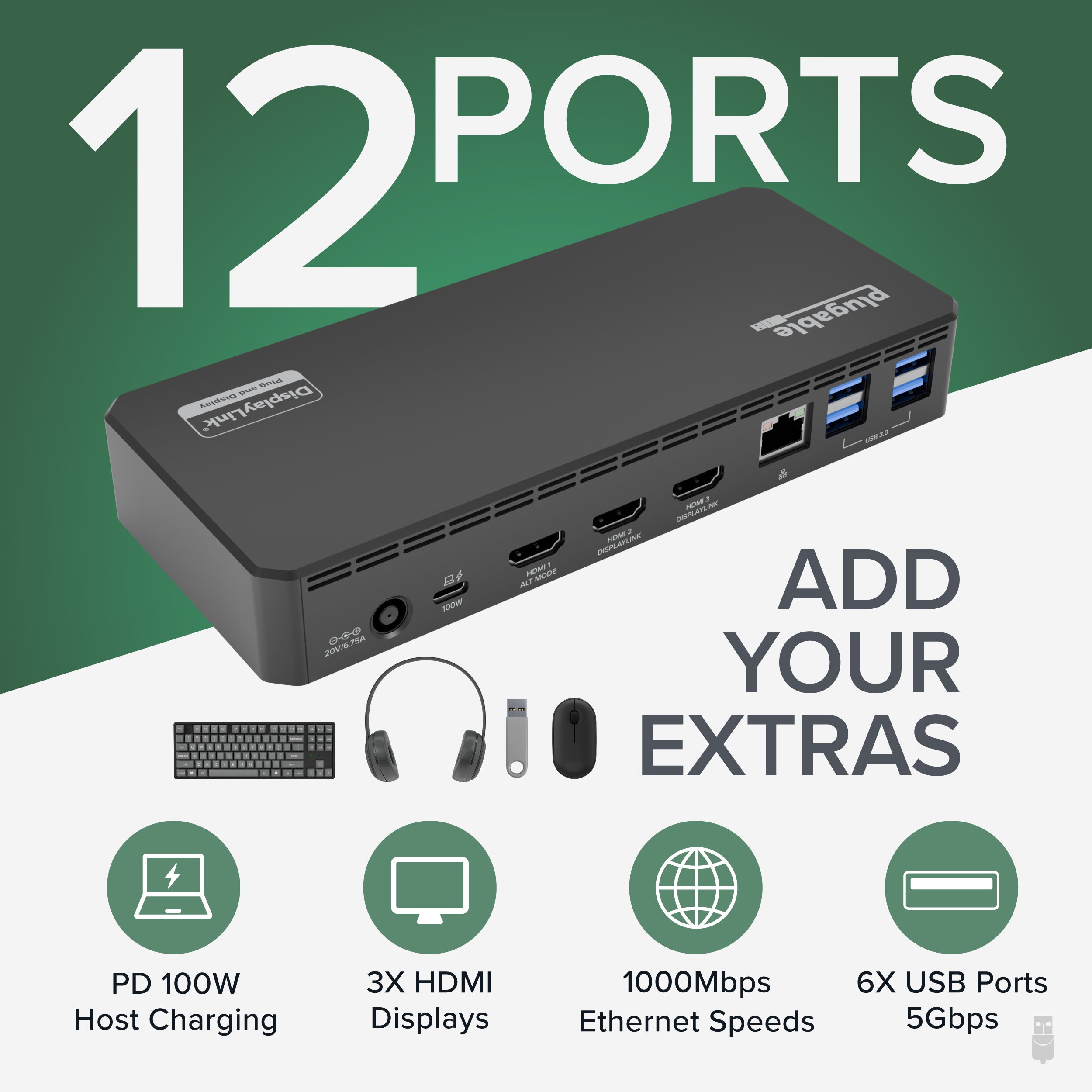 Plugable USB-C Triple Monitor Docking Station, 100W Laptop