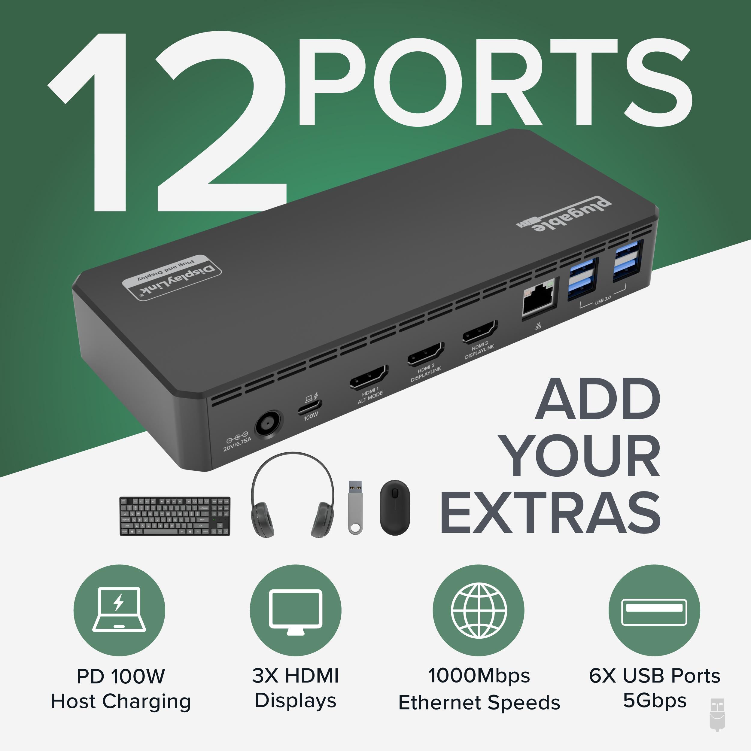 Plugable USB-C Triple Monitor Docking Station, 100W Laptop