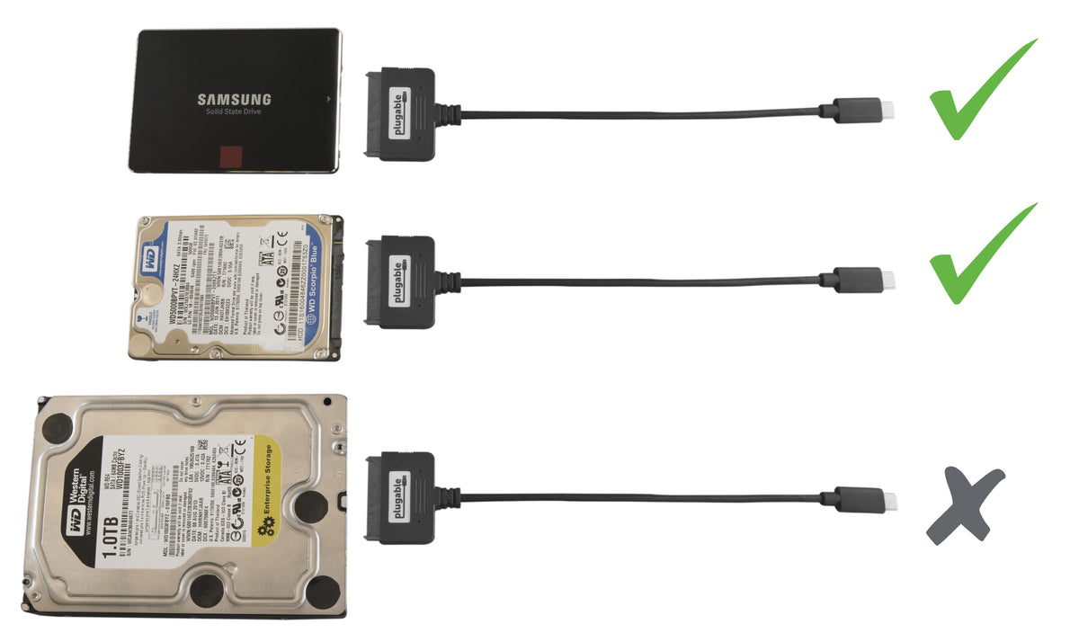 Plugable USB-C to SATA adapter cable compatibility: supports 2.5-inch SSDs and HDDs, but not 3.5-inch HDDs.