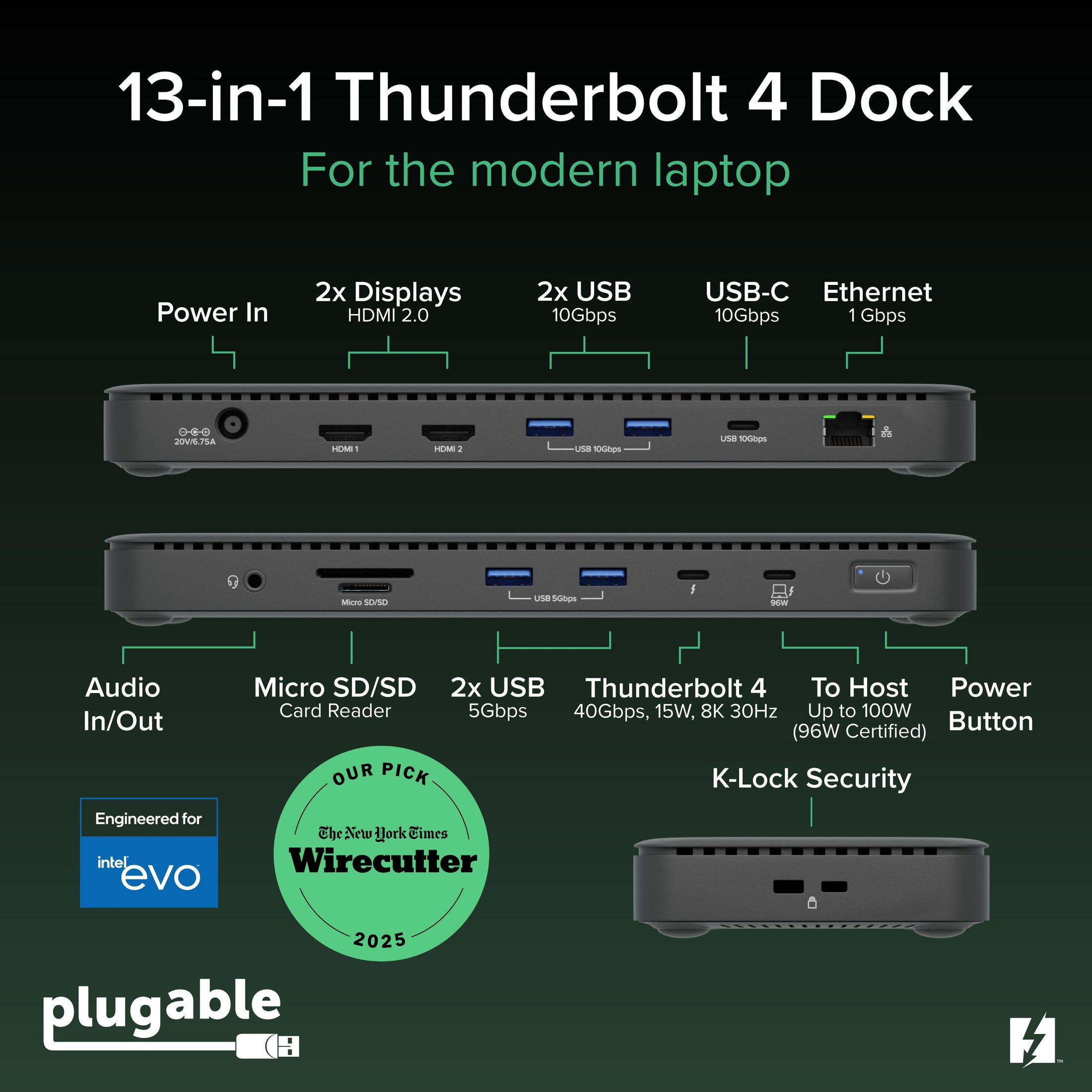 Plugable TBT4-UD5 13-in-1 dock: 2x HDMI 2.0, 2x USB 10Gbps, USB-C 10Gbps, 1Gbps Ethernet, audio, SD/microSD, 2x USB 5Gbps.