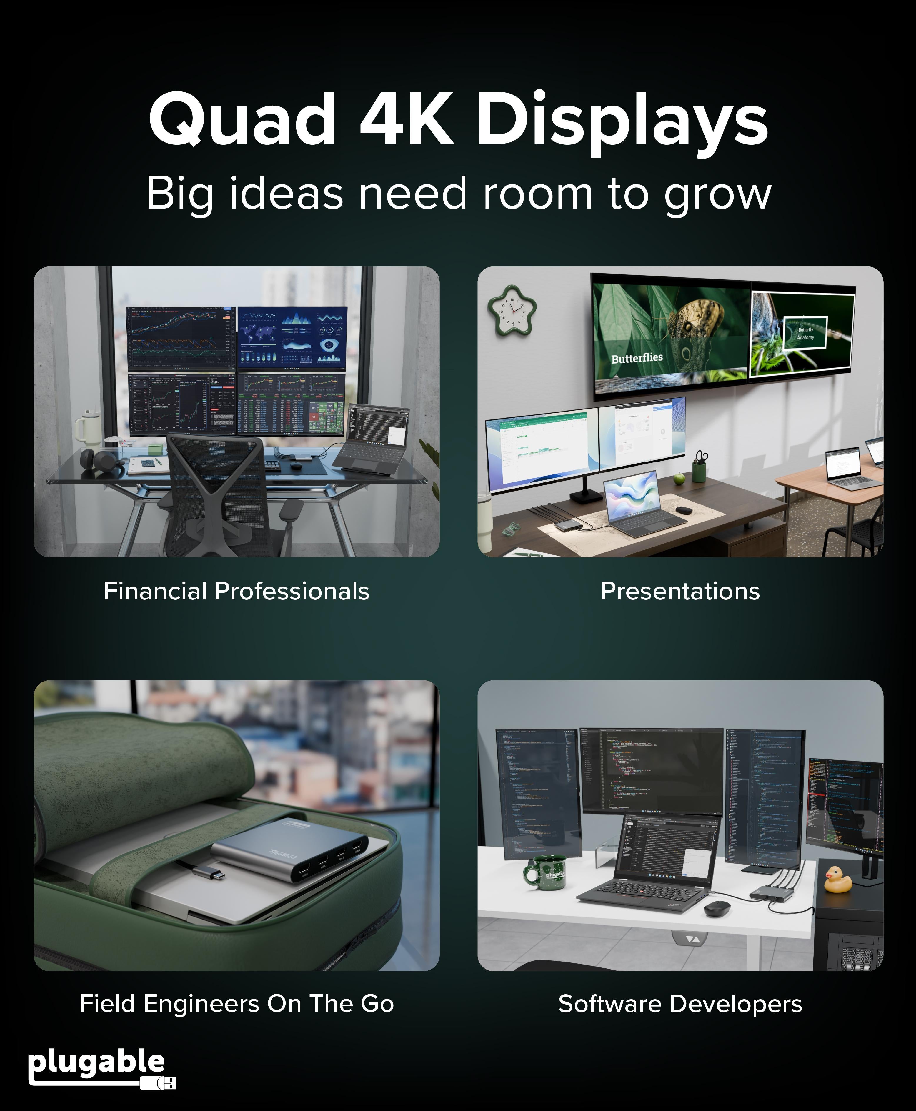Plugable USB-C Quad 4K HDMI Graphics Adapter With up to 100W USB-C
