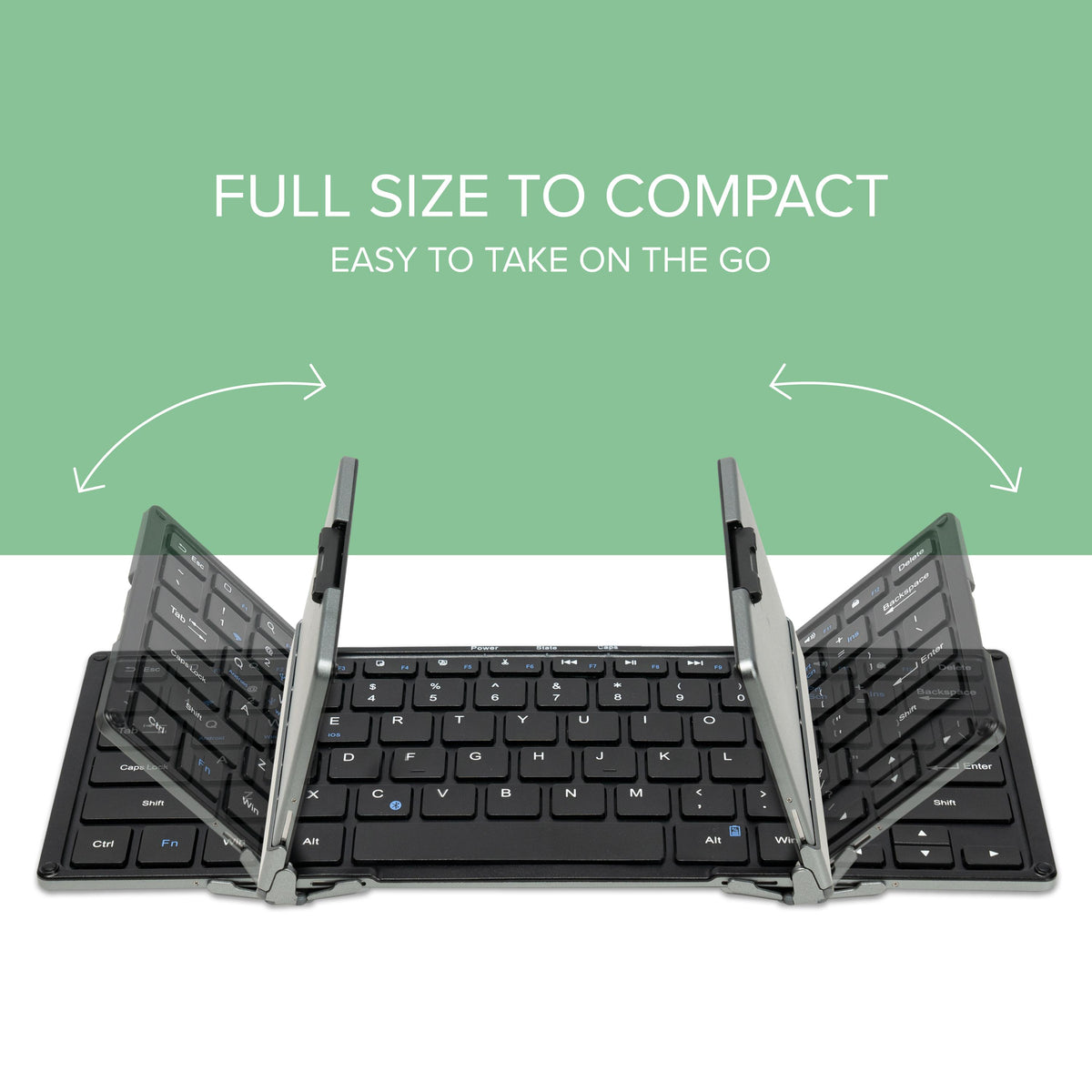 BT-KEY3XL foldable Bluetooth keyboard showing folding mechanism from full-size to compact portable form factor.