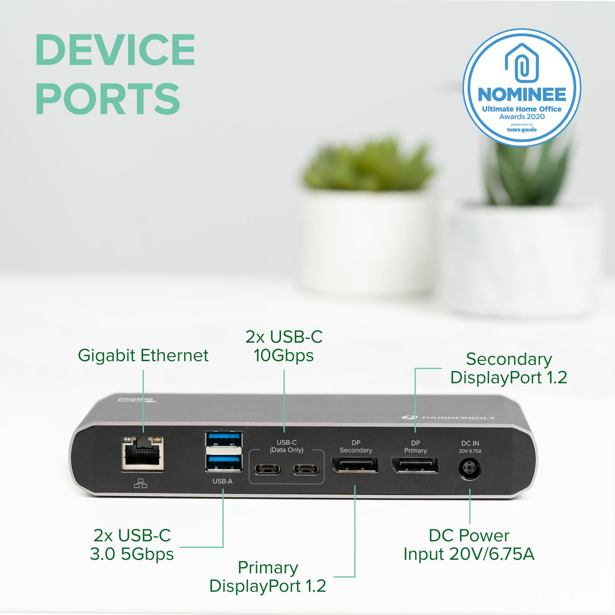 TBT3-UDC1 ports: Gigabit Ethernet, 2x USB-A 3.0 5Gbps, 2x USB-C 10Gbps, 2x DisplayPort 1.2, DC Power Input 20V/6.75A.