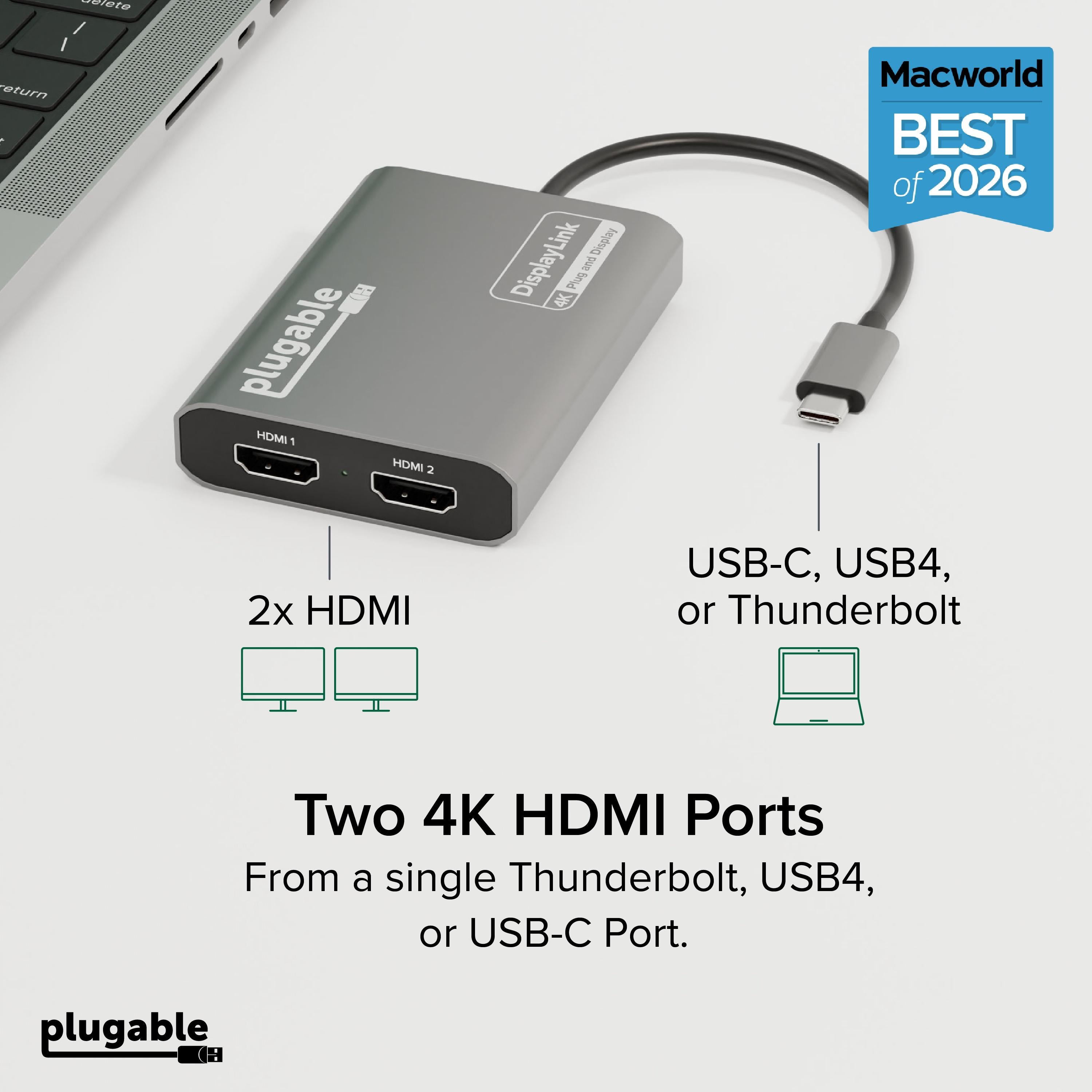 Plugable USB C to HDMI Adapter, Dual Monitor 4K 60Hz for Apple Mac