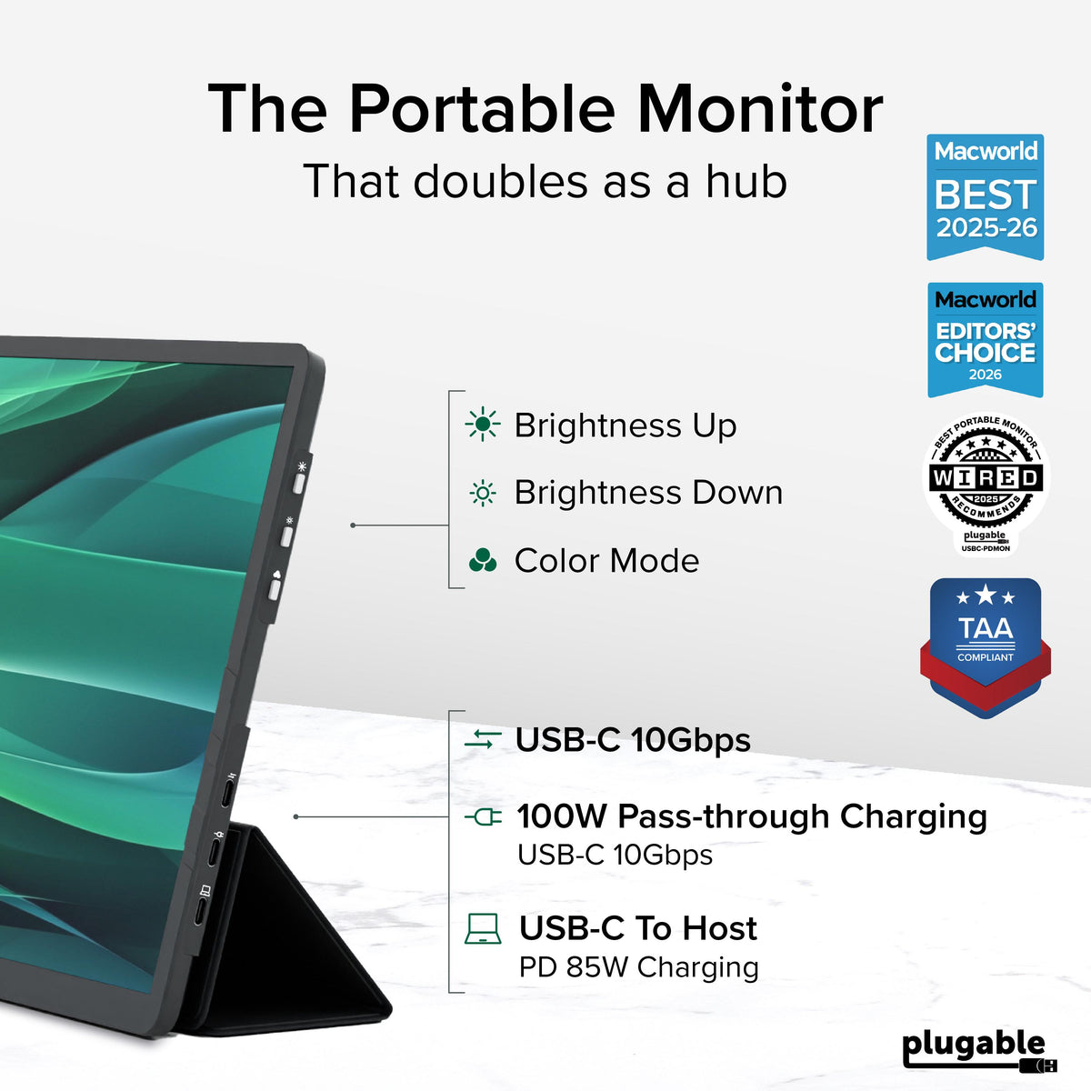 USB-C monitor with PD passthrough 100W charging specification close-up