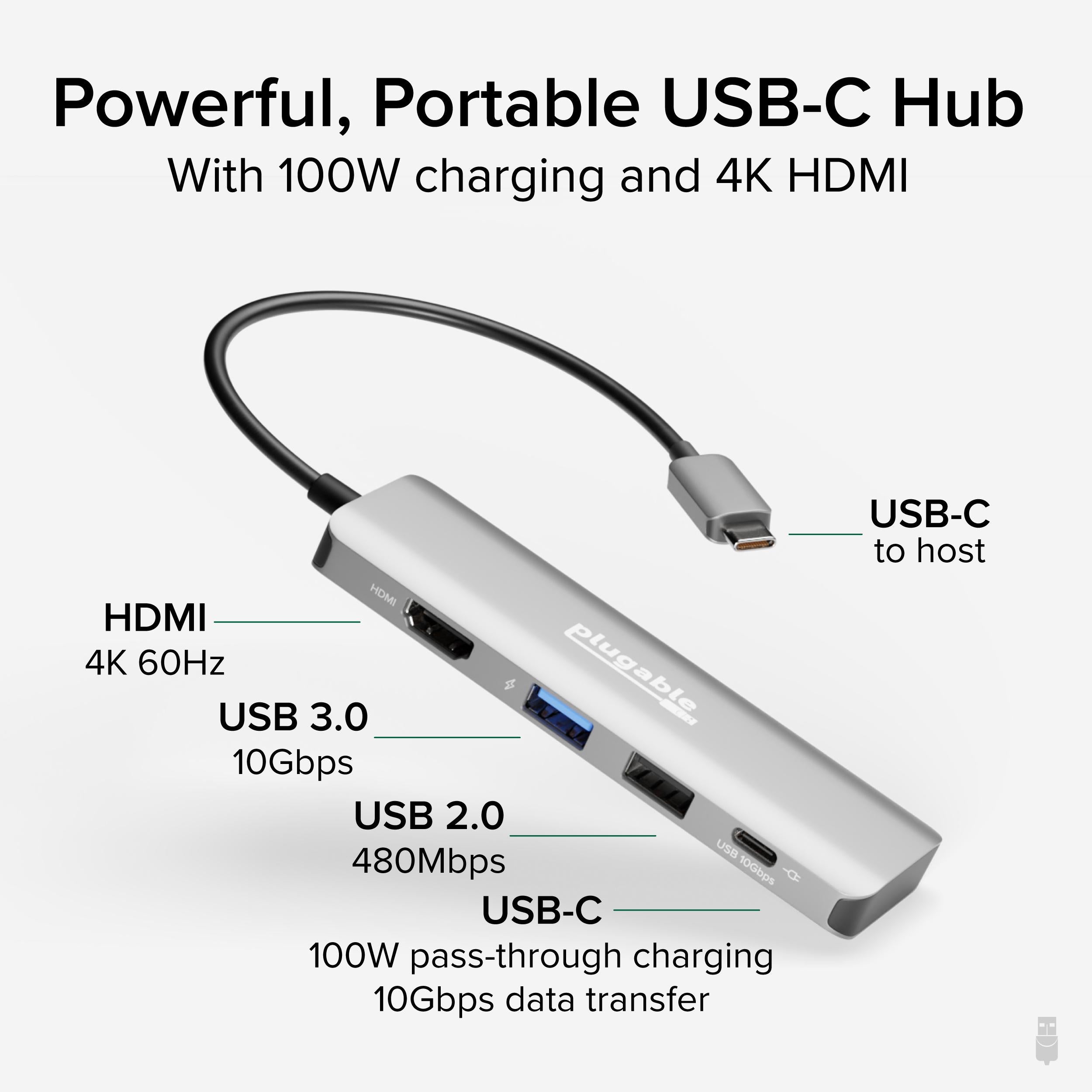 Plugable 4-in-1 USB-C Hub with 4K HDMI, 100W Charging ~ Plugable