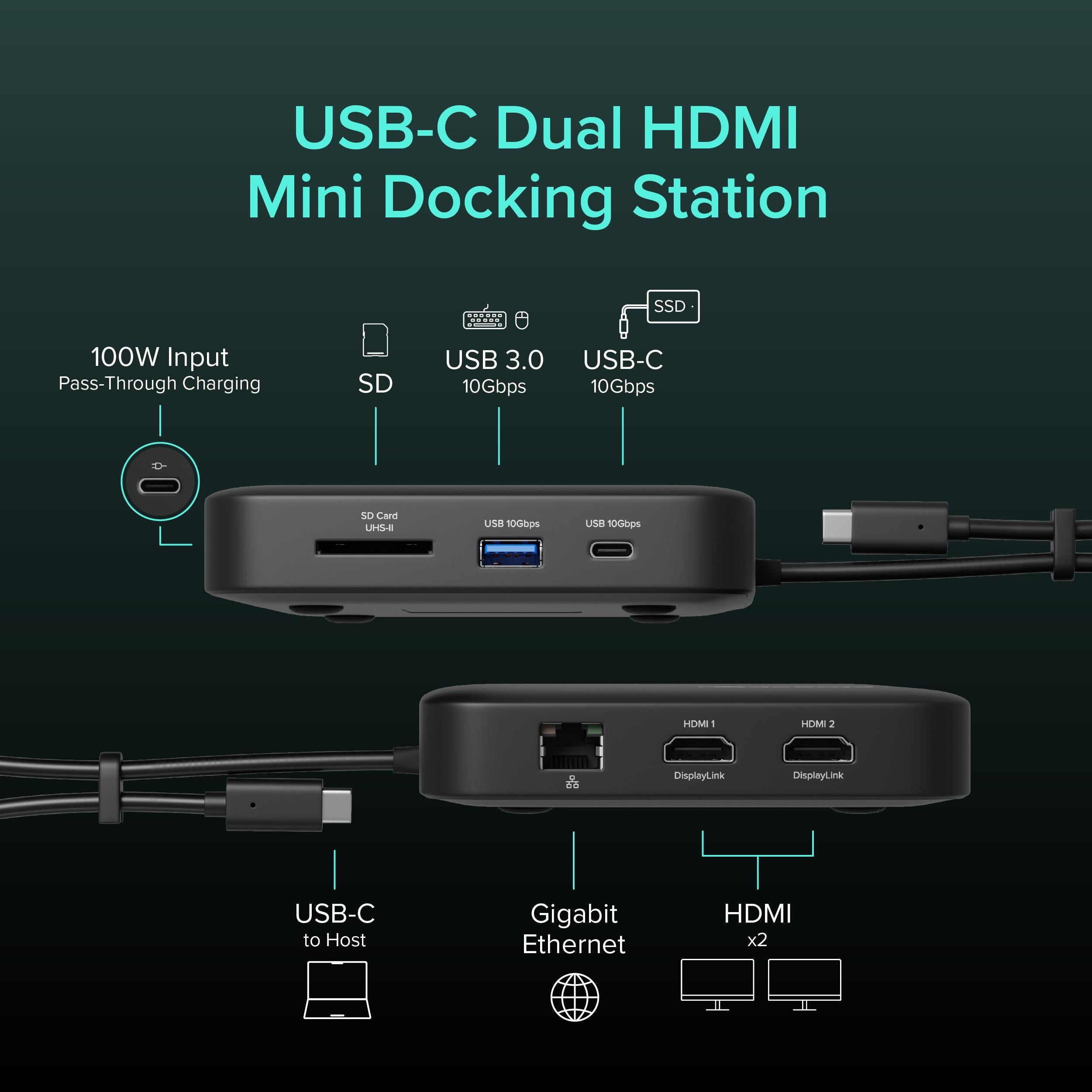 Plugable USB-C Dual HDMI Docking Station, 100W Pass Through