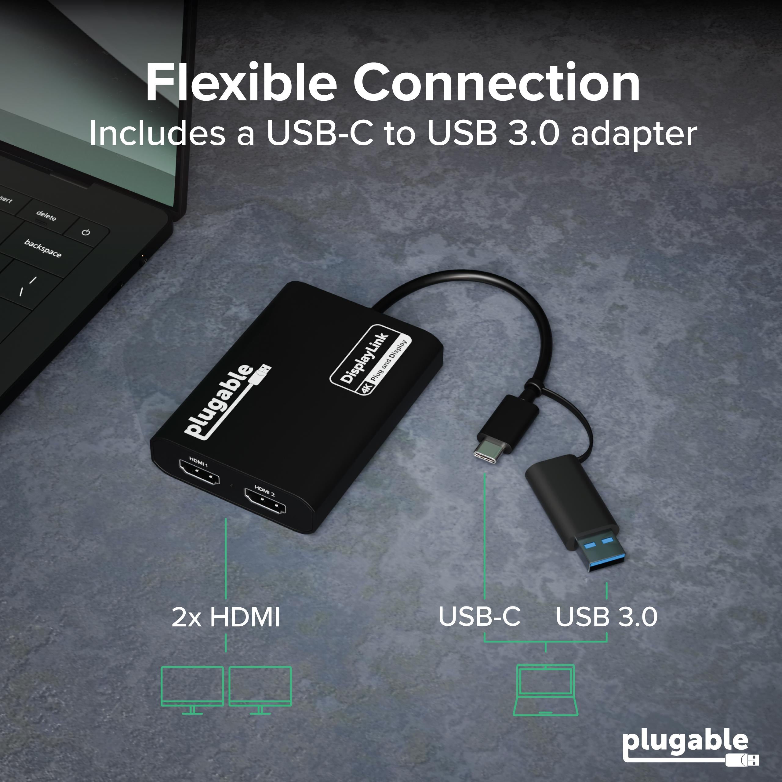 Plugable 4K Dual HDMI Adapter for USB-C & USB 3.0, Windows