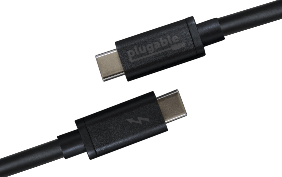 Two USB-C connectors on a Plugable Thunderbolt 3 cable, one showing the Plugable logo and the other a lightning bolt.