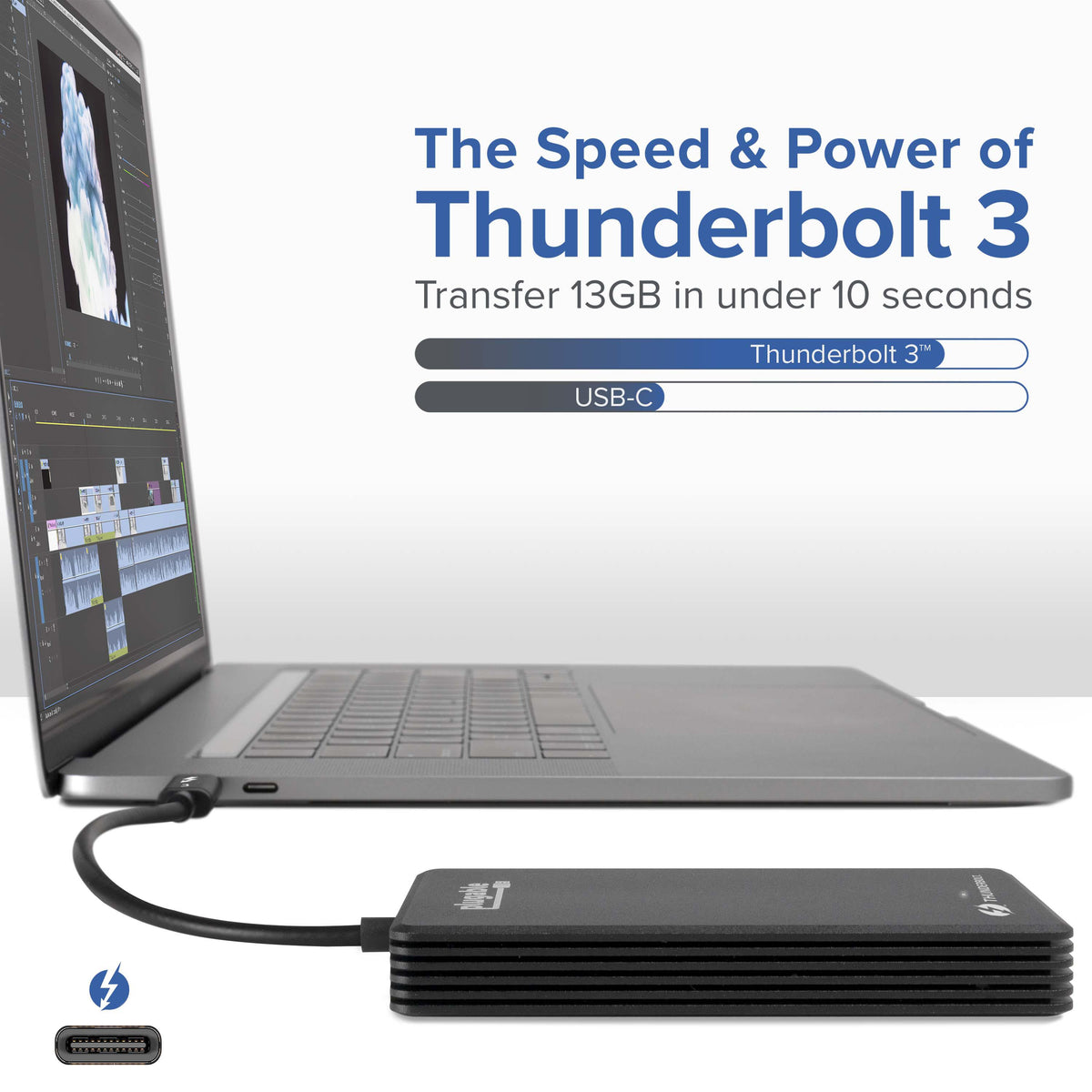 TBT3-NVME2TB Thunderbolt 3 SSD infographic showing 13GB transfer in under 10 seconds compared to USB-C.