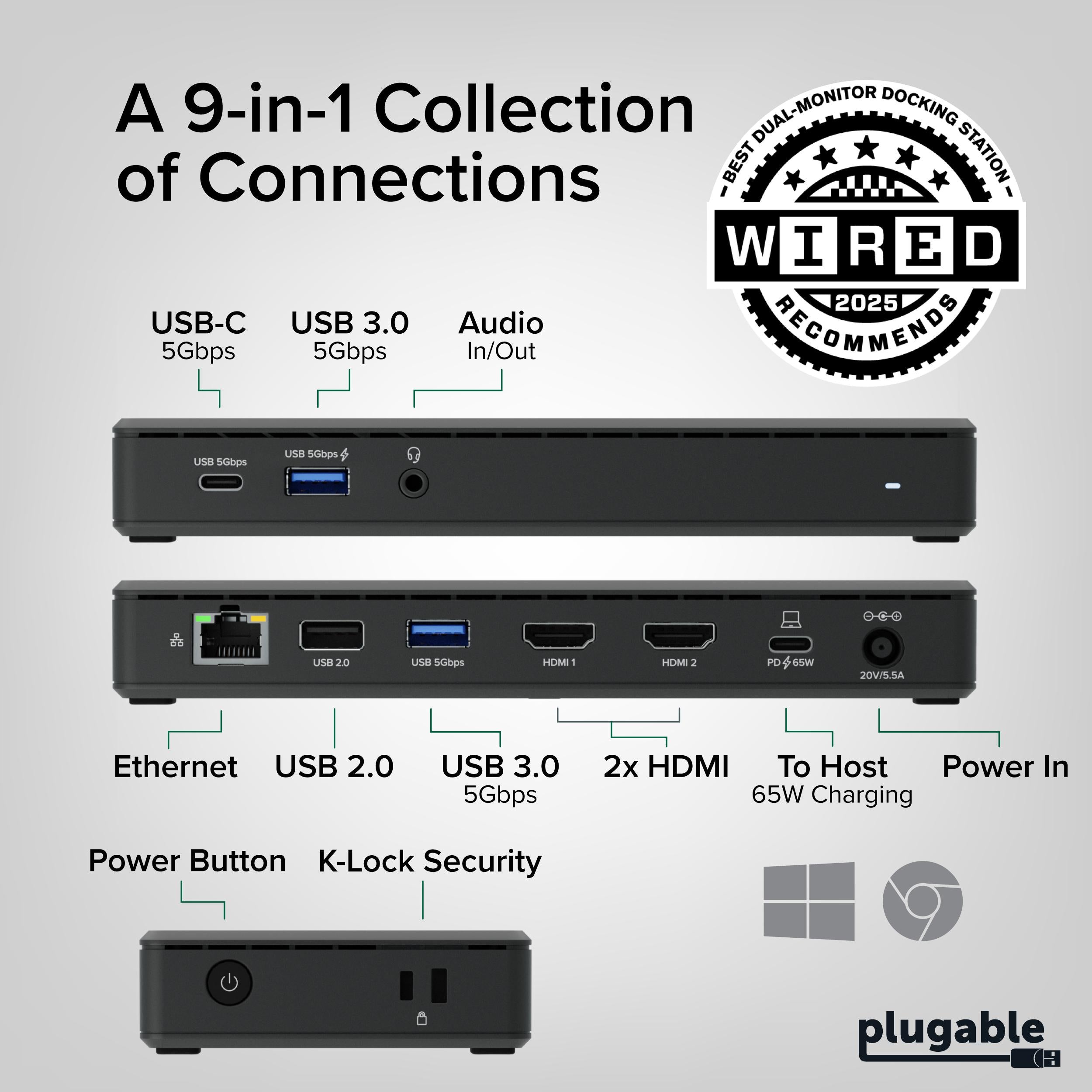 Plugable USB-C Docking Station Dual 4K 60Hz HDMI, 65W Charging
