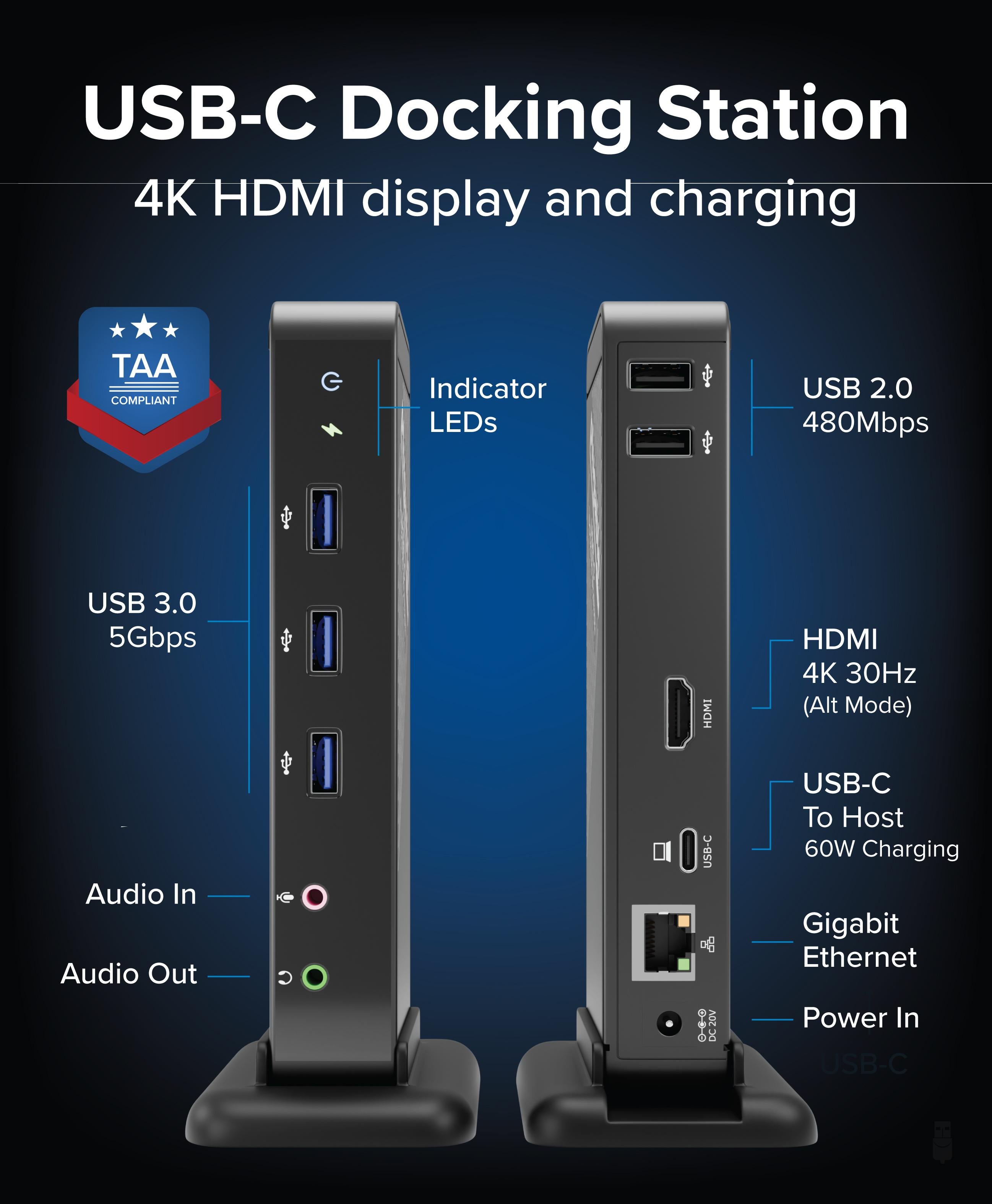 Plugable USB-C Docking Station with HDMI, 60W Laptop Charging