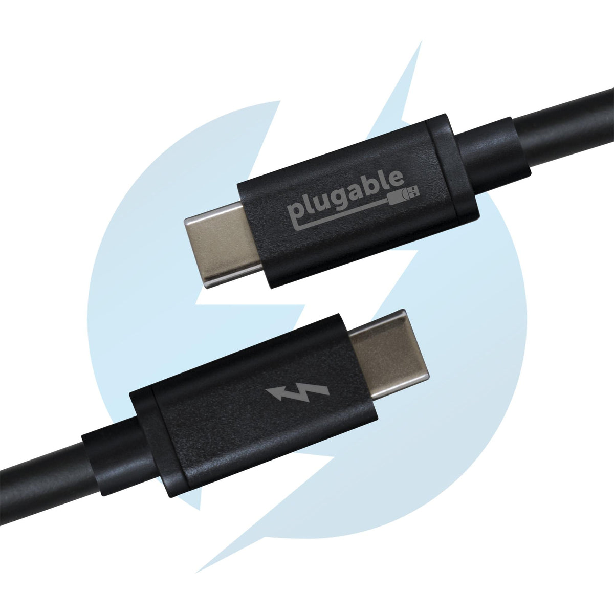 Plugable Thunderbolt 3 USB-C cable connectors showing the Plugable logo and Thunderbolt lightning bolt symbol.