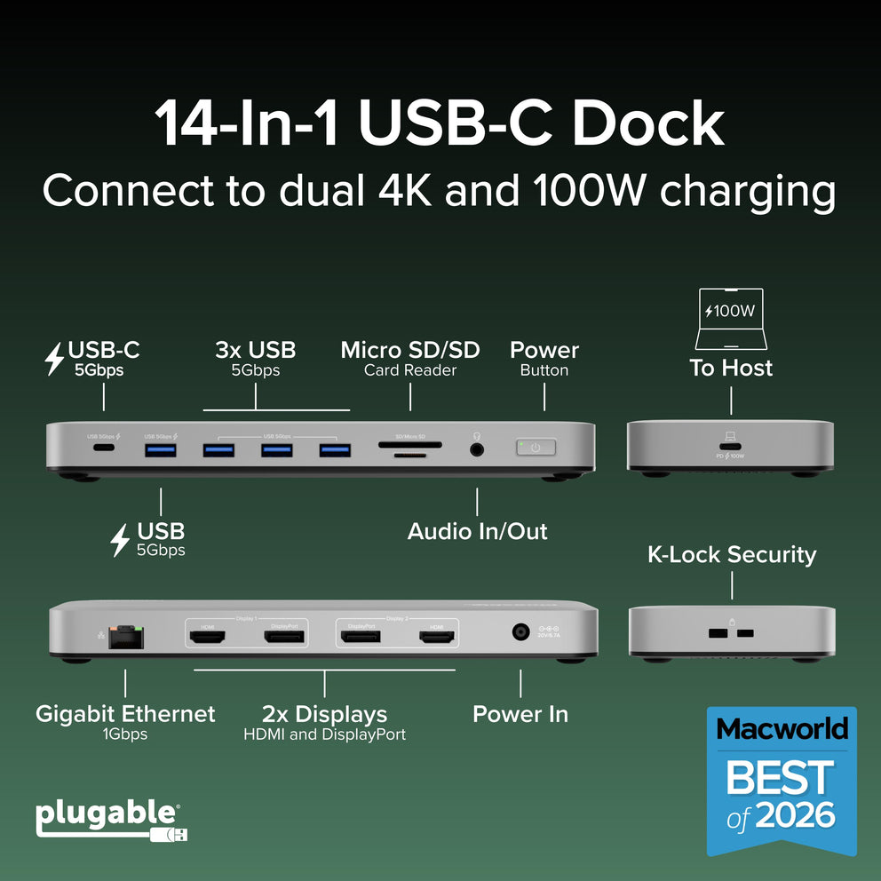 Plugable USB-C Docking Station for Mac, Dual 4K Monitors, 100W Laptop ...