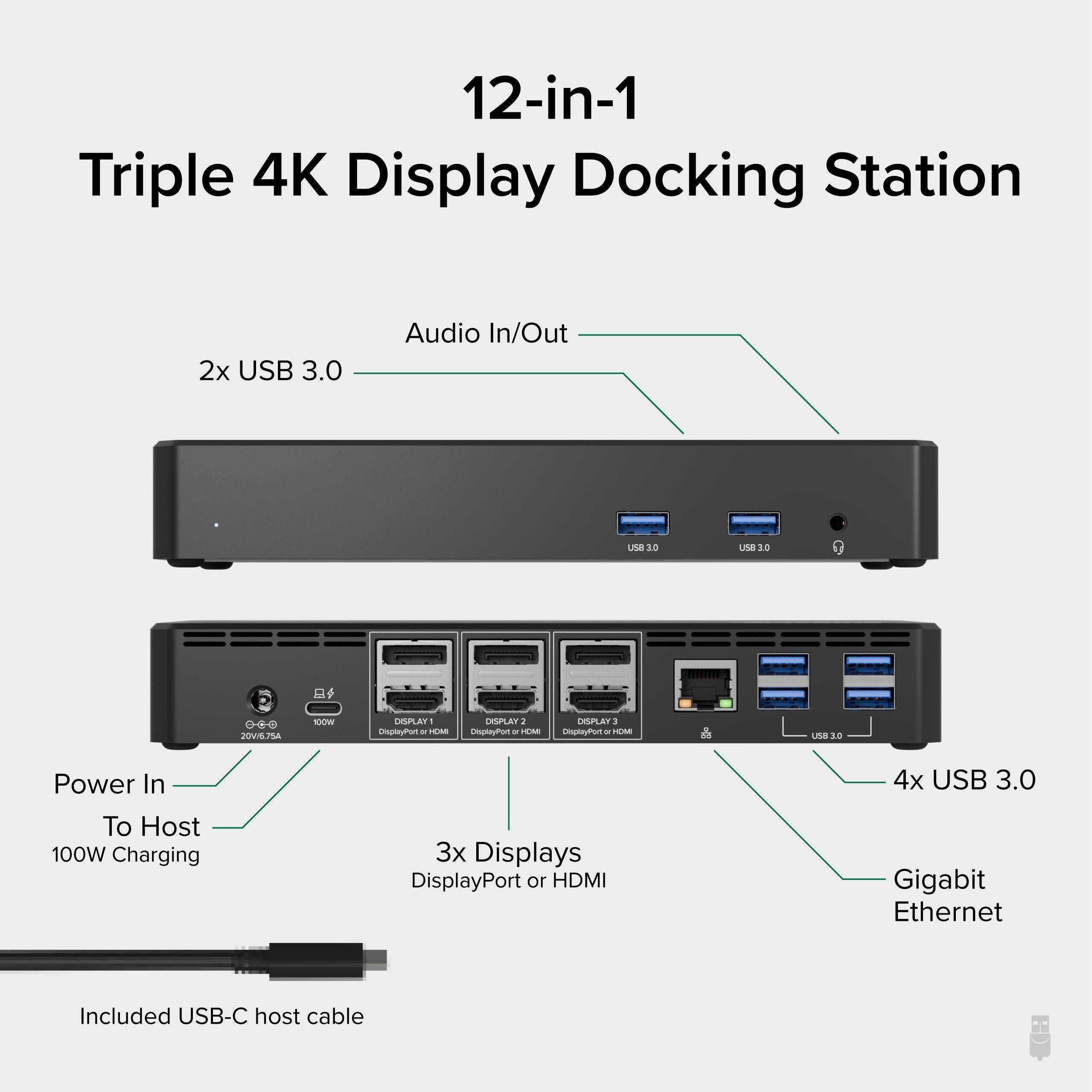 Plugable USB-C Docking Station, 4K Triple Monitors, 100W Laptop