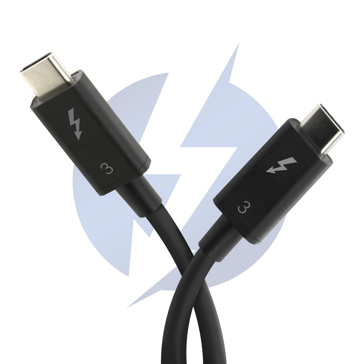 Plugable TBT3-40G50CM Thunderbolt 3 cable with USB-C connectors, each marked with a lightning bolt and the number 3.