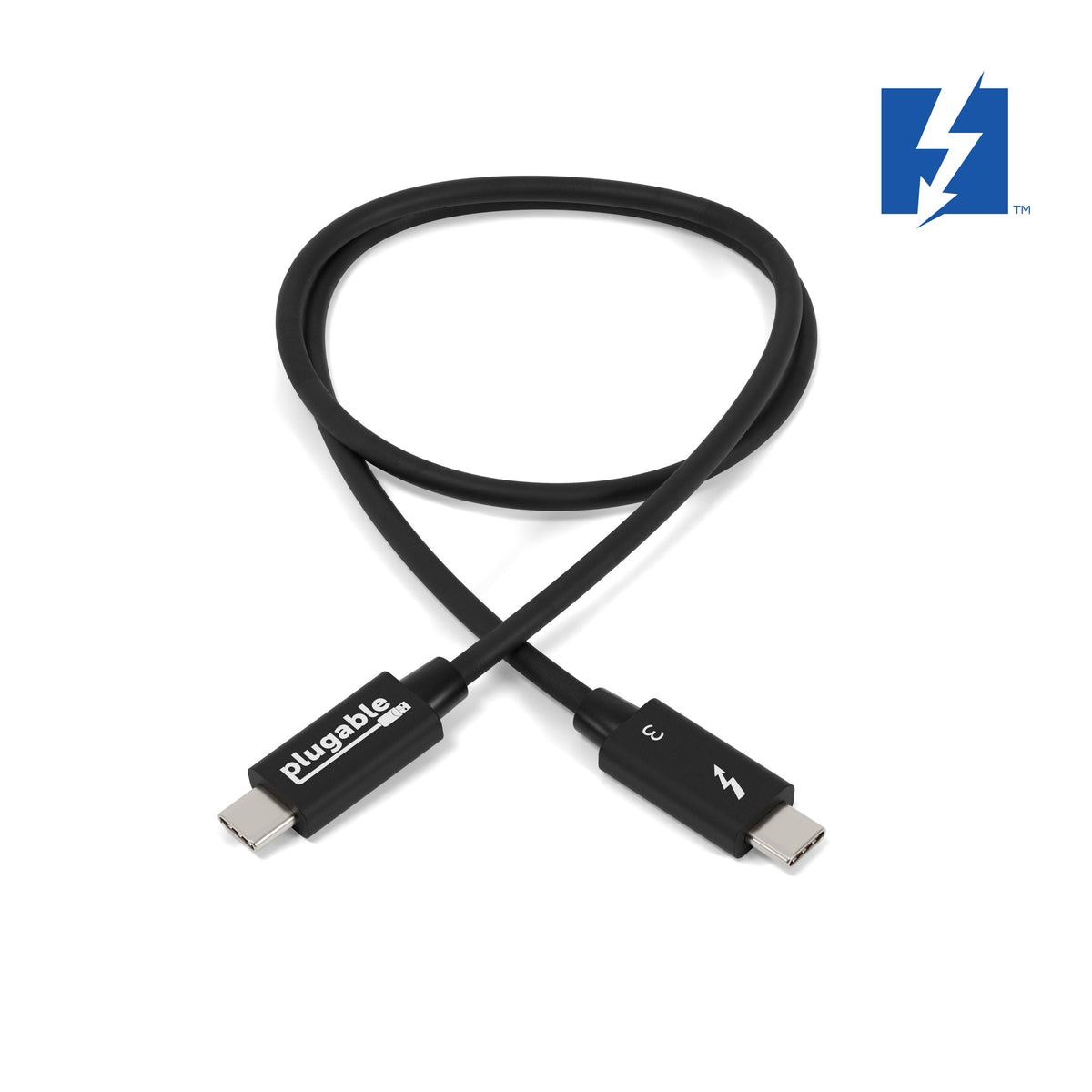 Plugable Thunderbolt 3 cable with USB-C connectors, featuring Thunderbolt 3 logo and branding.
