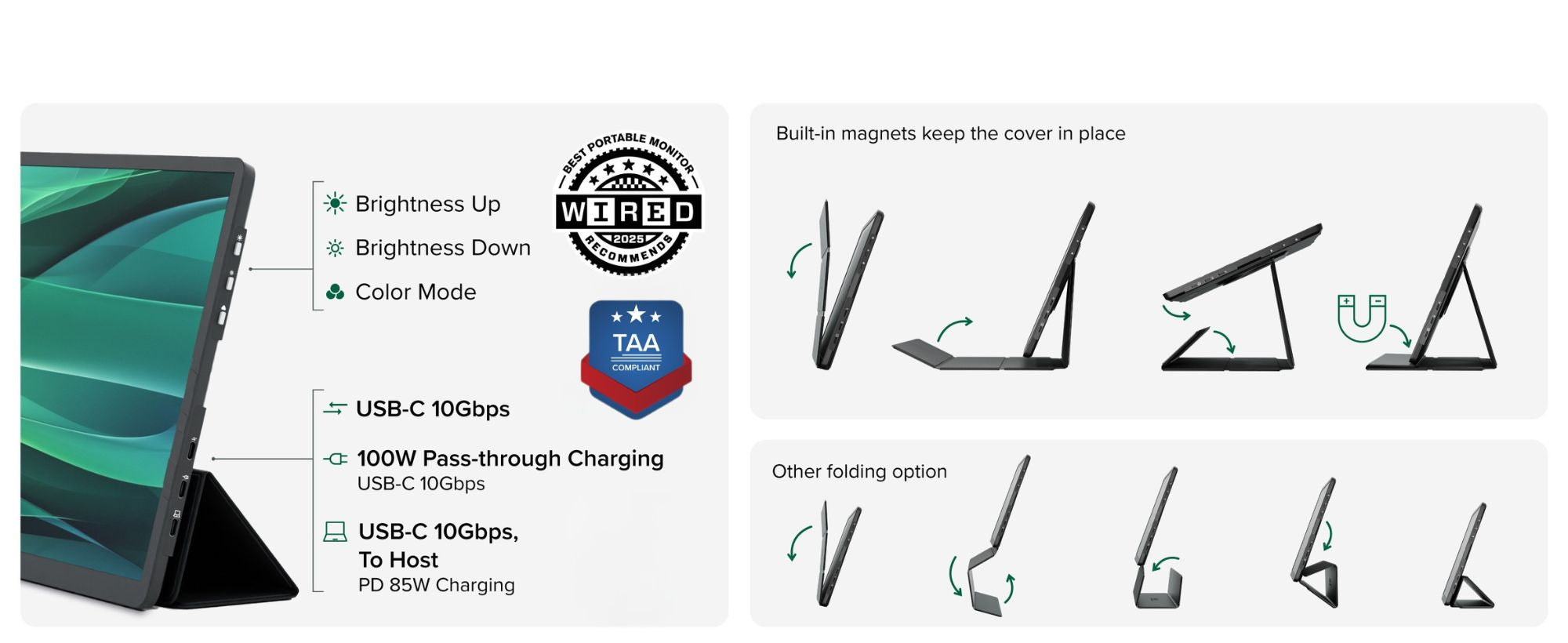 USBC-PDMON Ports & Buttons, Stand folding instructions