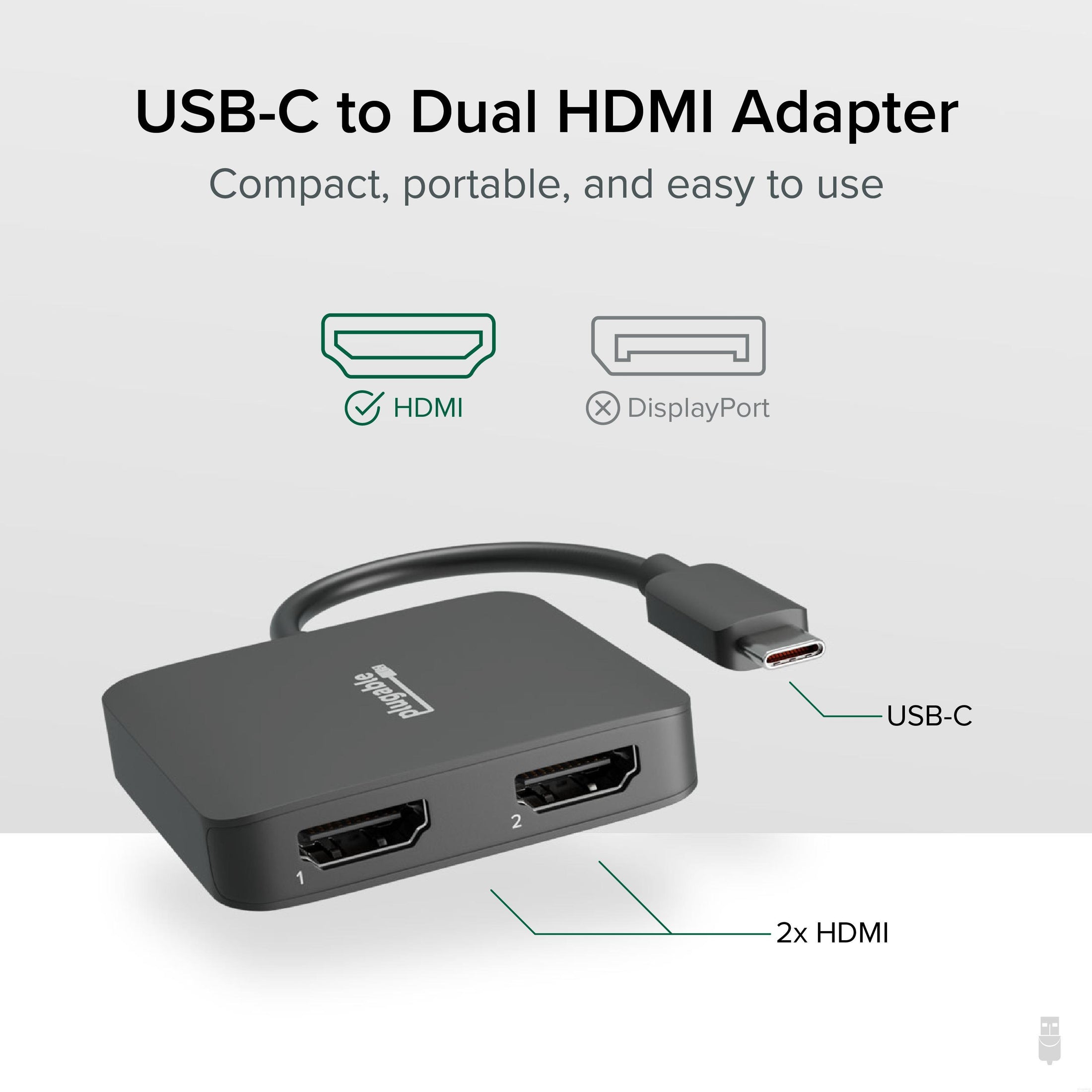 Plugable USB-C Dual 4K HDMI MST Display Adapter Plugable