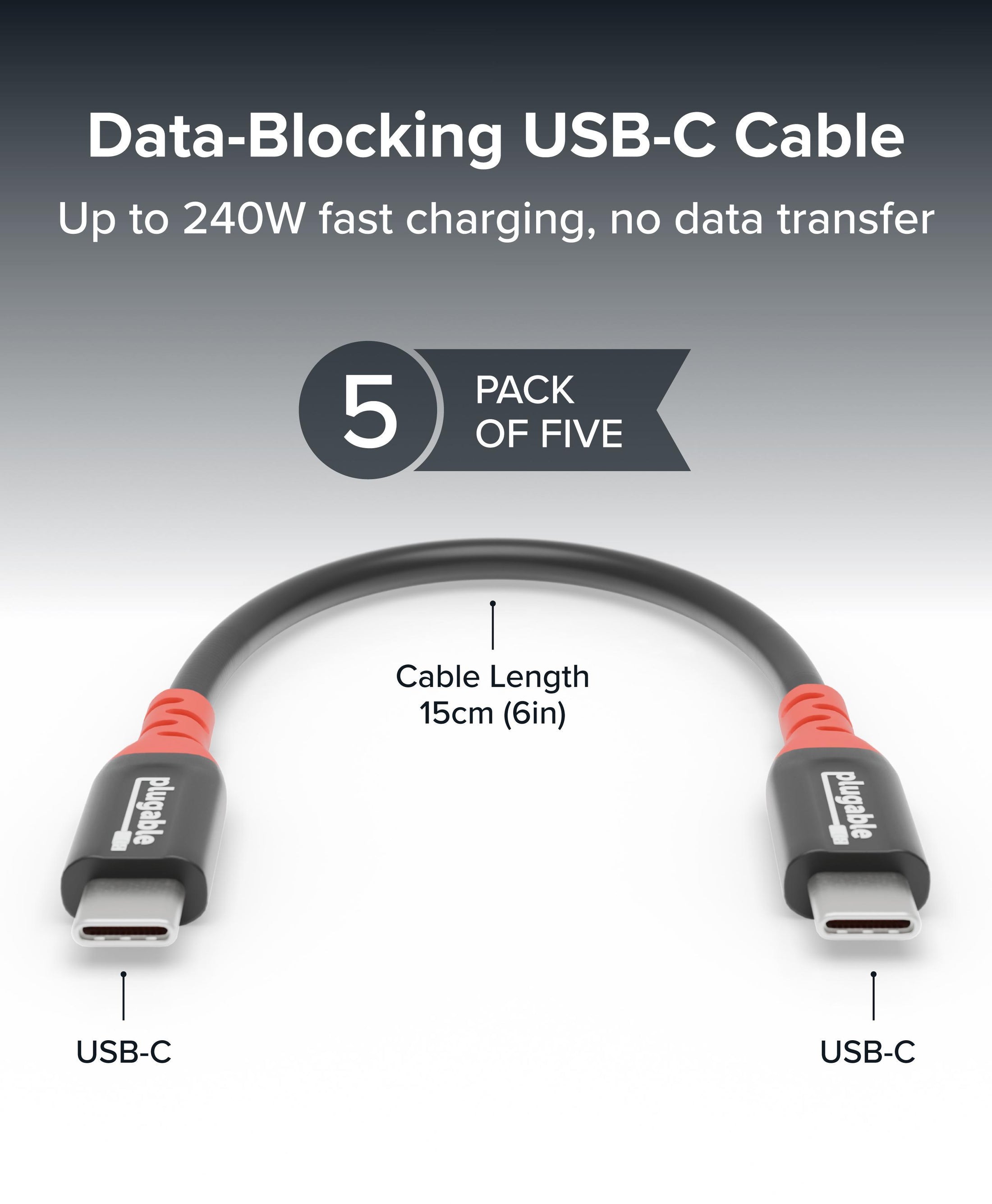 Plugable USB-C Cables, Data Blocker Charge Only, 240W (6 inch, Pack of ...