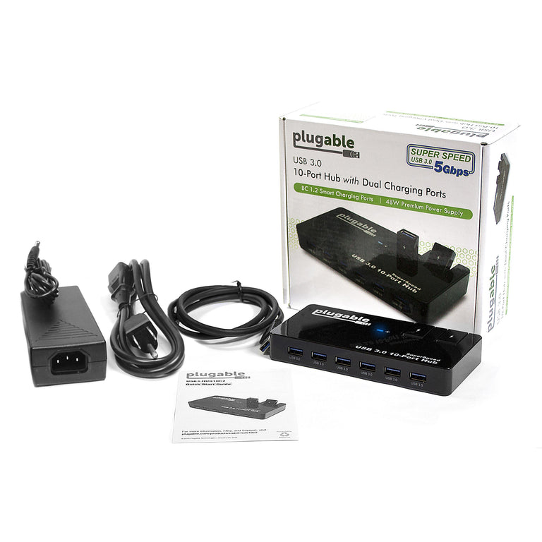 Image of what's included in the box for the Plugable USB3-HUB10C2