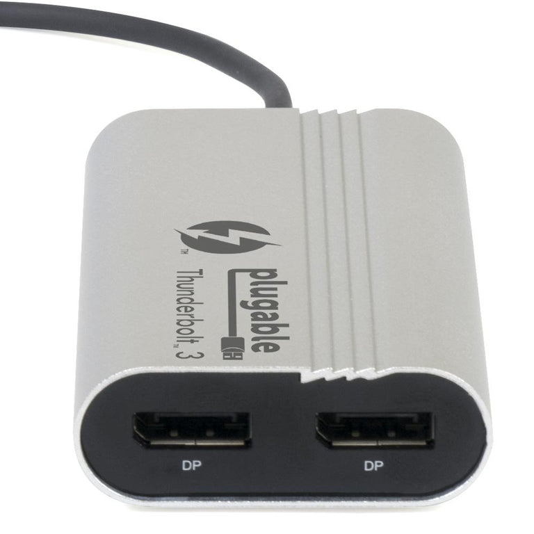 An image of the TBT3-DP2X Thunderbolt 3 Dual Display Adapter from the front side to showcase the dual ports.