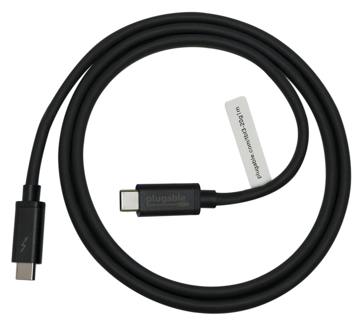 Plugable TBT3-20G1M Thunderbolt 3 USB-C cable with Thunderbolt logo on connector and product label.