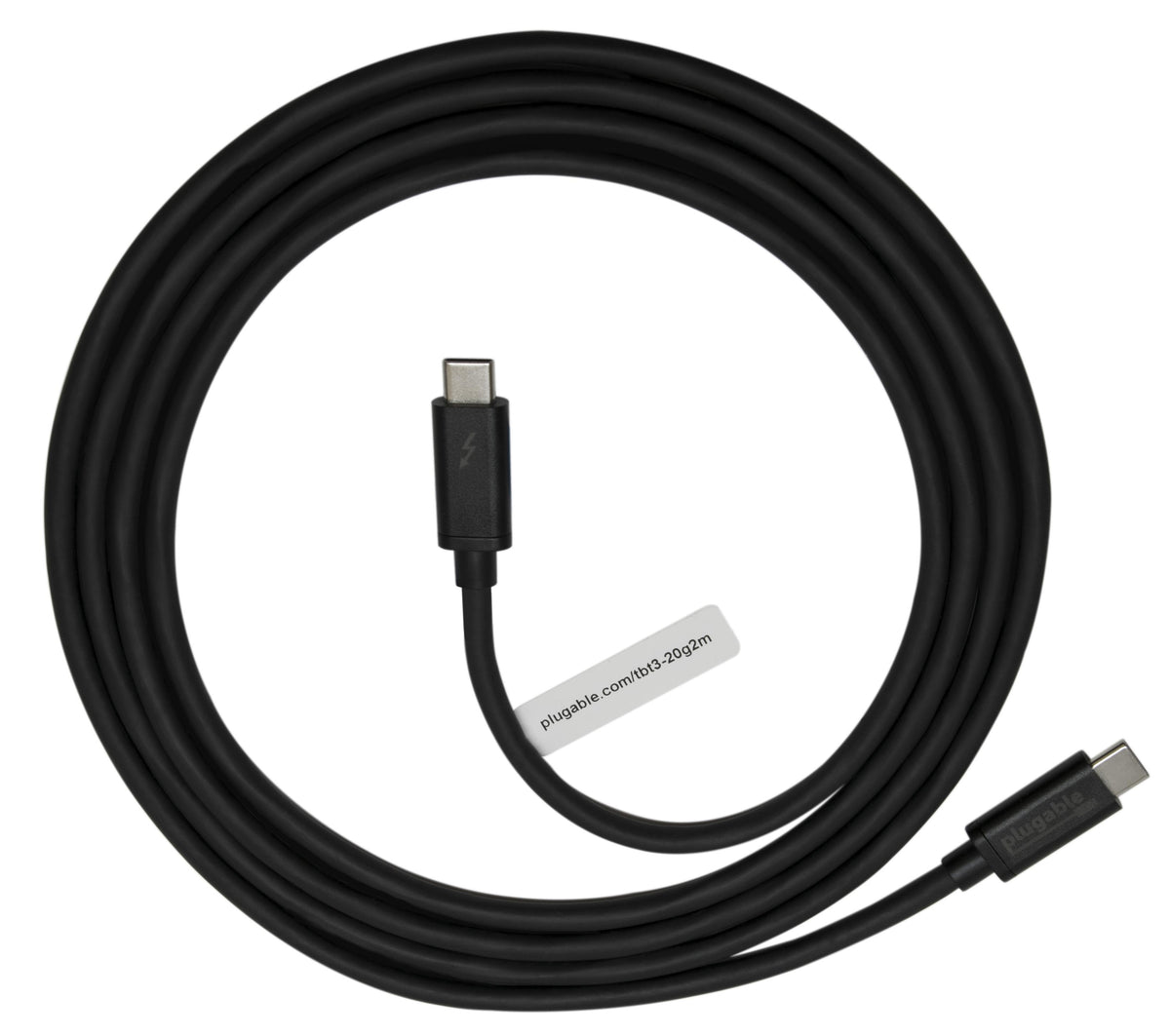Plugable TBT3-20G2M Thunderbolt 3 cable with USB-C connectors and Thunderbolt logo.