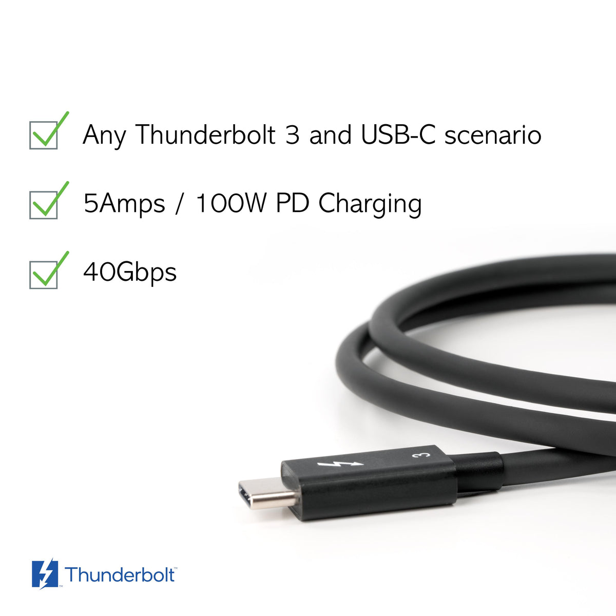 Plugable Thunderbolt 3 cable features: Thunderbolt 3 and USB-C compatibility, 5A/100W PD charging, and 40Gbps data speed.